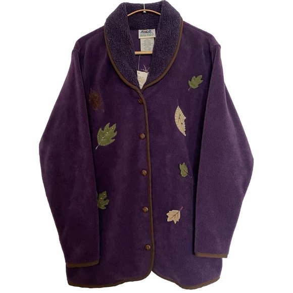 Northern Reflections Fleece Jacket Women Small Purple Applique Leaves Granny 90s - Picture 1 of 16